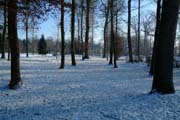 Das Schloss in der Ferne des verschneiten Fulwellparks